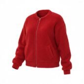 Bright red fleece bomber jacket with zip front and pockets on white background.