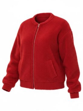Bright red fleece bomber jacket with zip front and pockets on white background.