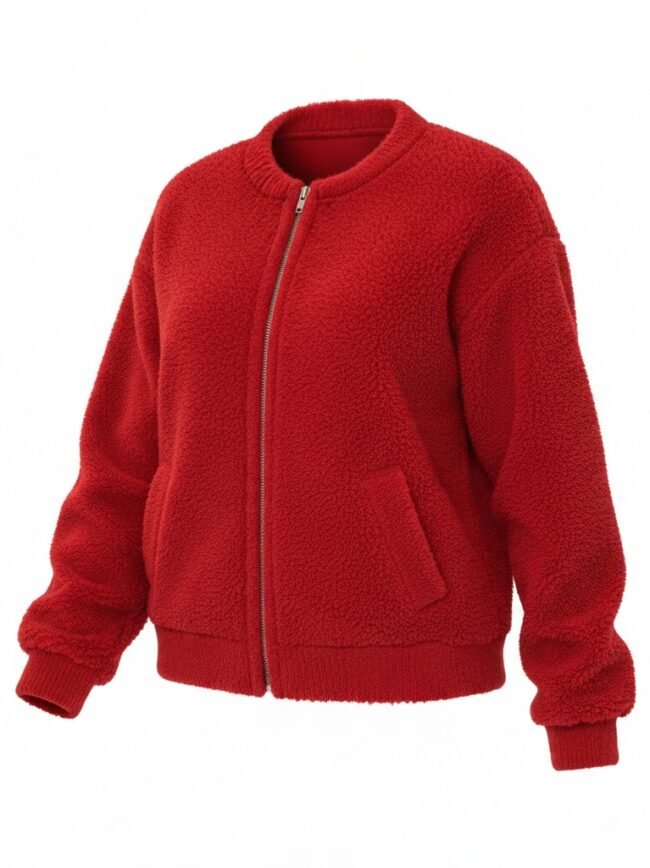 attkVwKAu7VE-UzsseIhTGljLgELWdufX_uNH17clIfB6Q Ghost Mannequin Bright red fleece bomber jacket with zip front and pockets on white background.