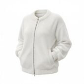 White fuzzy zip-up jacket with ribbed cuffs and hem on a white background.