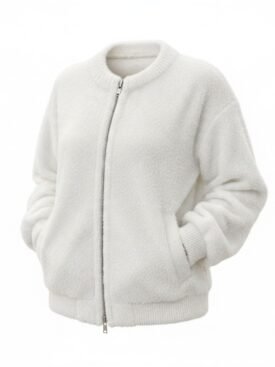 White fuzzy zip-up jacket with ribbed cuffs and hem on a white background.