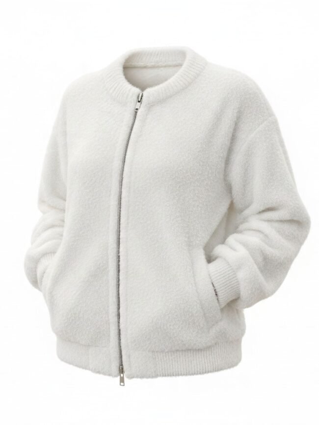attsyUJ-EnqgSprkPfap_kgh72e8O-SQx4xYUPs4tKjtJk Ghost Mannequin White fuzzy zip-up jacket with ribbed cuffs and hem on a white background.