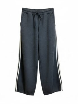 Dark gray athletic pants with a drawstring waistband and white side stripes, full-length joggers designed for sportswear