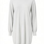 Light gray knitted sweater dress with long sleeves and ribbed cuffs on a white background.