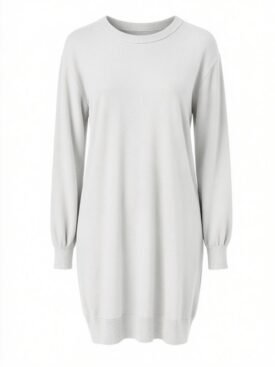 Light gray knitted sweater dress with long sleeves and ribbed cuffs on a white background.