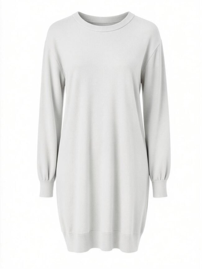 Light gray knitted sweater dress with long sleeves and ribbed cuffs on a white background.