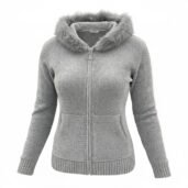 Gray knitted zip-up cardigan with a fluffy fur-trimmed hood, two front pockets, and ribbed cuffs.