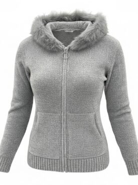 Gray knitted zip-up cardigan with a fluffy fur-trimmed hood, two front pockets, and ribbed cuffs.