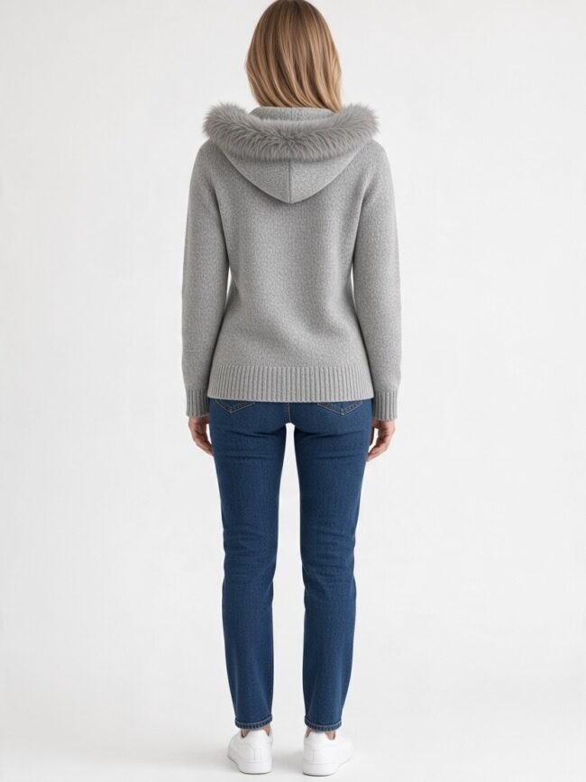 Γυναικεία ζακέτα γκρι 3 Back view of a person wearing a light gray hooded sweater with a fluffy fur-trimmed hood, blue jeans, and white sneakers