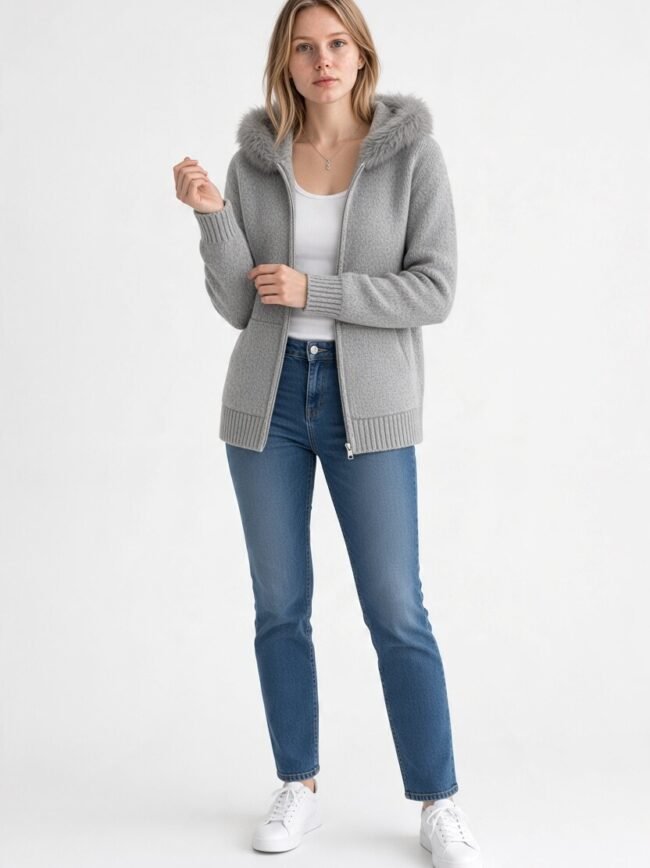 Γυναικεία ζακέτα γκρι 4 Woman wearing a gray zip cardigan with a fur-trimmed hood, white top, blue jeans, and white sneakers.