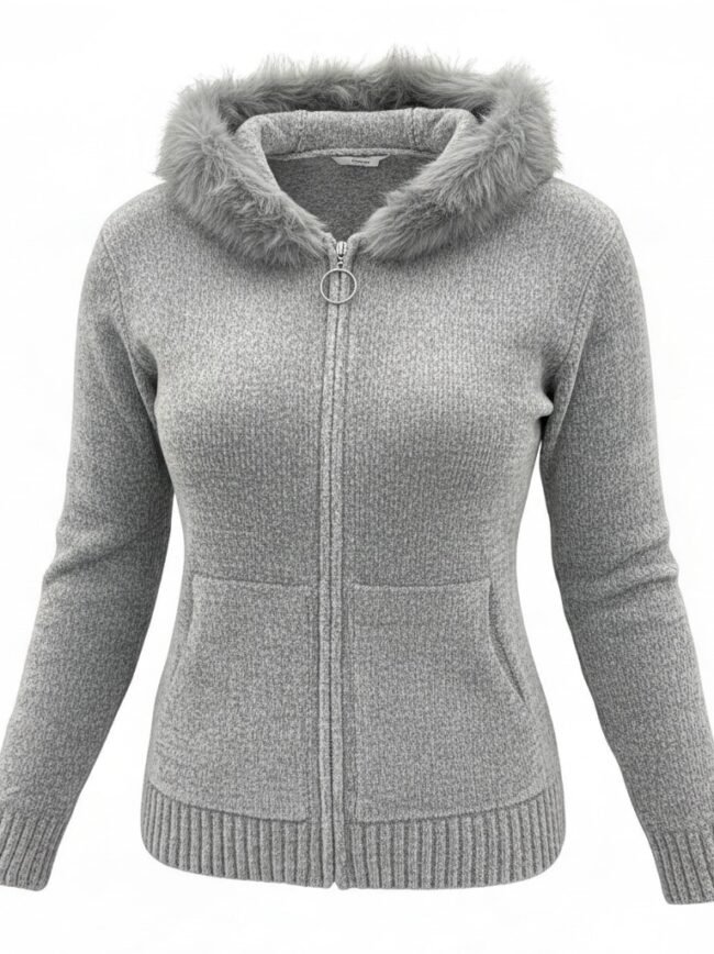 Γυναικεία ζακέτα γκρι Gray knitted zip-up cardigan with a fluffy fur-trimmed hood, two front pockets, and ribbed cuffs.