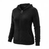 Black textured zip-up hoodie with ring zipper pull and front pockets on a white background in a casual fit.