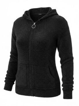 Black textured zip-up hoodie with ring zipper pull and front pockets on a white background in a casual fit.