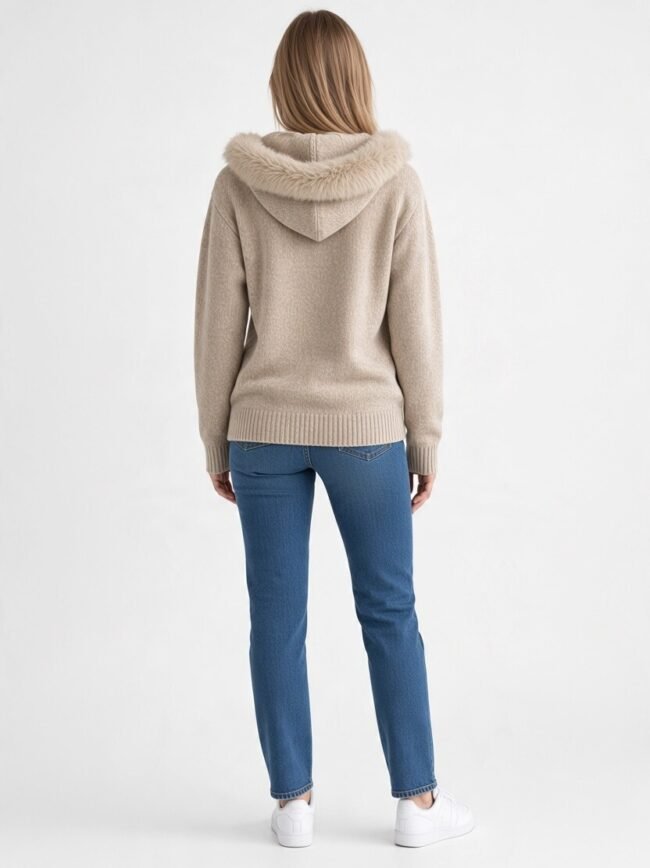 Γυναικεία ζακέτα μπεζ 4 Back view of a person wearing a beige hooded sweater with a fluffy fur trim, blue jeans, and white sneakers.