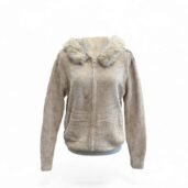 Beige zip-front jacket with a fluffy faux fur collar on a display stand