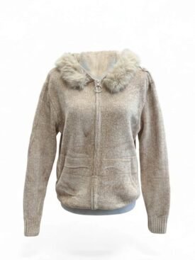 Beige zip-front jacket with a fluffy faux fur collar on a display stand