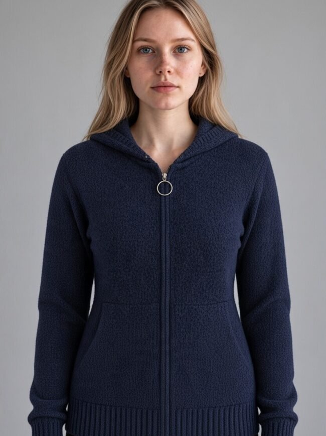 Γυναικεία ζακέτα μπλε 2 Young woman facing camera wearing a navy zip-up hoodie with a silver ring pull and ribbed hem.