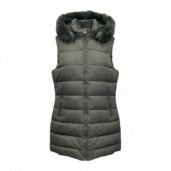 Olive-green quilted puffer vest with a faux fur-trimmed hood and front zipper pockets on the sides.