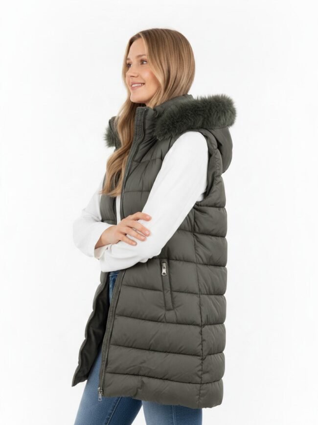 Side profile of a woman wearing a dark gray quilted puffer vest with a fur-trimmed hood over a white long-sleeve shirt.