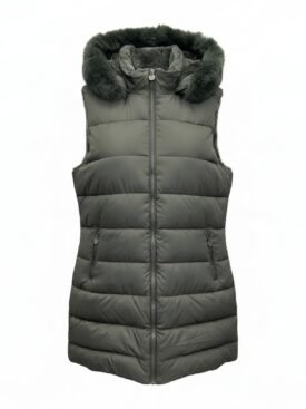 Olive-green quilted puffer vest with a faux fur-trimmed hood and front zipper pockets on the sides.