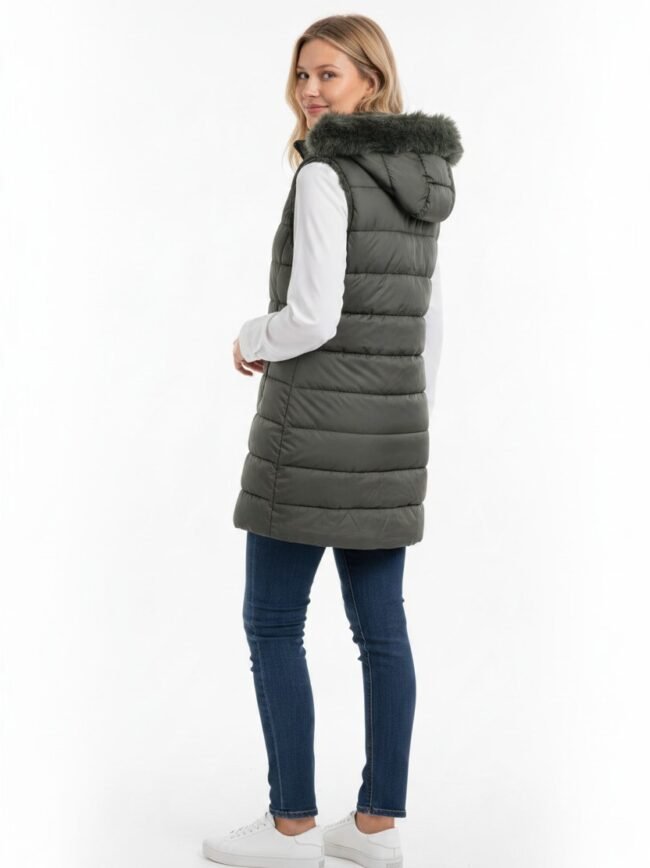 Woman wearing a knee-length olive green puffer vest with a fur-trimmed hood, white long-sleeve top, blue jeans, and white sneakers, facing slightly to the side.