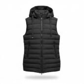 Black sleeveless quilted puffer vest with hood, full-length front zipper and zip pockets