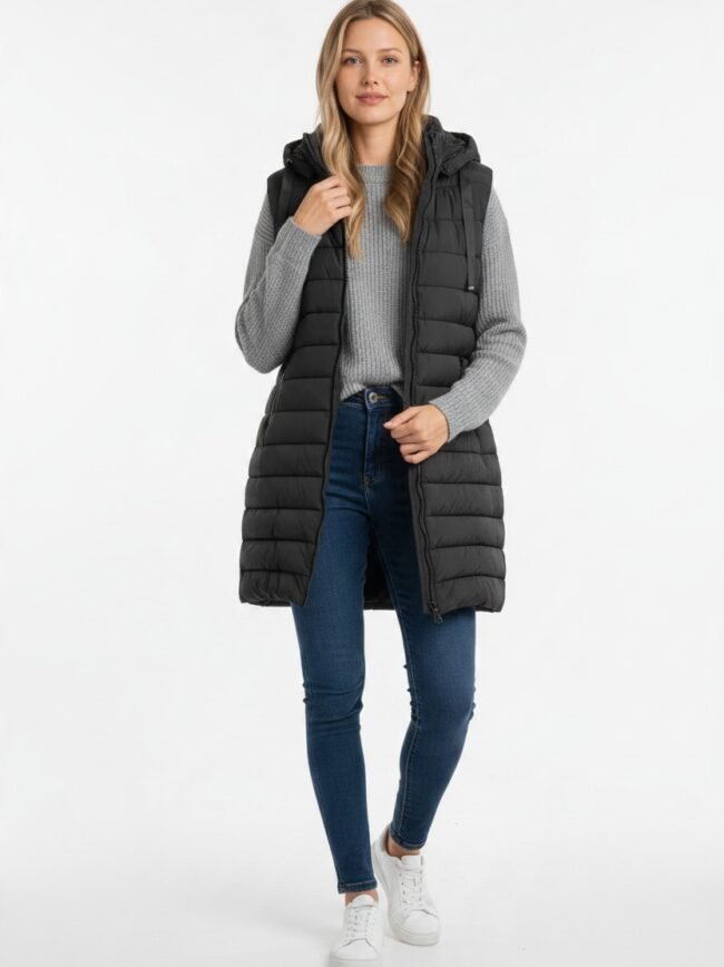 Γυναικείο Αμάνικο Μαύρο 2 Woman wearing a long black quilted puffer vest over a gray knit sweater, blue jeans, and white sneakers.