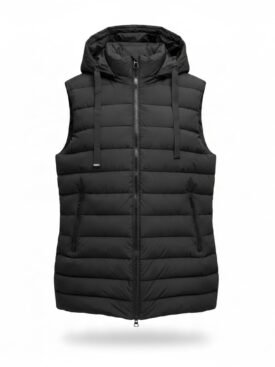 Black sleeveless quilted puffer vest with hood, full-length front zipper and zip pockets