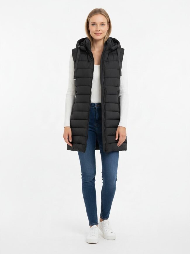 Γυναικείο Αμάνικο Μαύρο 3 Full-body shot of a woman wearing a long black quilted sleeveless vest over a white knit sweater, blue jeans, and white sneakers.