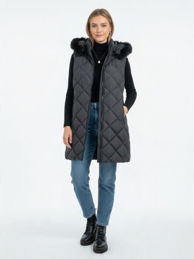 Γυναικείο Αμάνικο Μαύρο με Γούνα 2 Woman wearing a dark quilted vest with a faux-fur hood over a black turtleneck, blue jeans, and black lace-up boots, standing with hands in pockets in a studio setting.