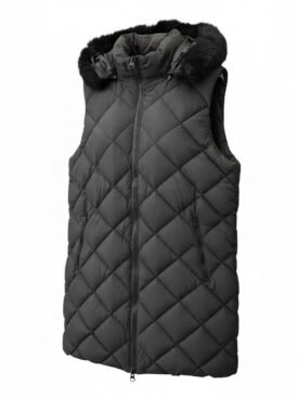 Black quilted sleeveless puffer vest with a fur-trimmed hood and full-length front zipper