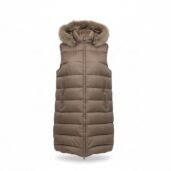 Brown quilted puffer vest with a fur-trimmed hood and front zipper, mid-length style.