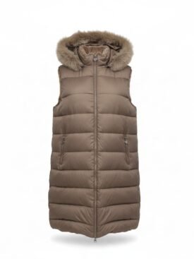 Brown quilted puffer vest with a fur-trimmed hood and front zipper, mid-length style.