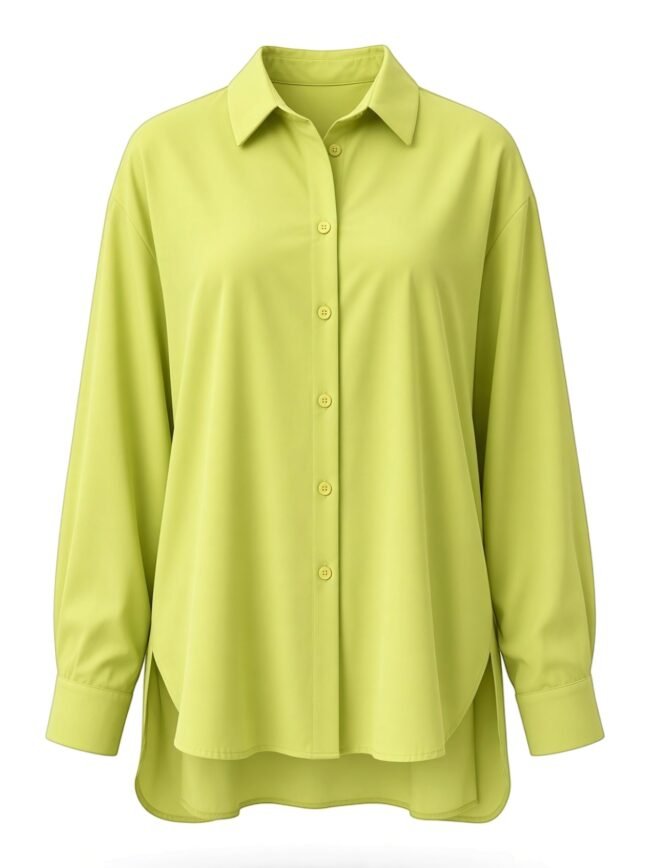 Bright lime-green button-down blouse with a large collar and front placket, shown against a white background.