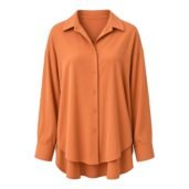 Orange satin button-down blouse with a wide fold-over collar and visible front buttons, shown from the chest up.