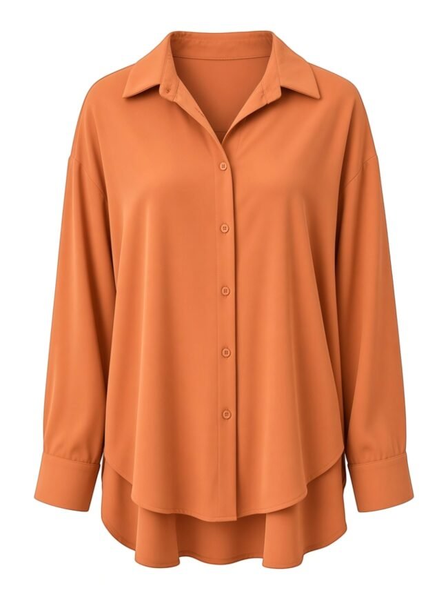 Orange satin button-down blouse with a wide fold-over collar and visible front buttons, shown from the chest up.