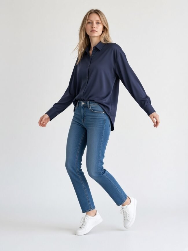 Γυναικείο Πουκάμισο Μπλε 1 Young woman in a navy button-down shirt, blue jeans, and white sneakers, posing mid-step in a studio.