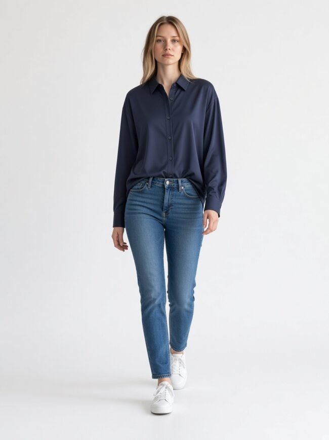 Γυναικείο Πουκάμισο Μπλε 2 Woman wearing a navy button-down blouse with blue jeans and white sneakers, standing in a bright studio setting.