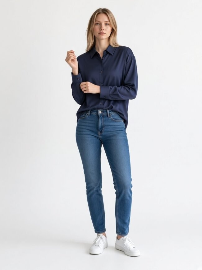 Γυναικείο Πουκάμισο Μπλε 3 Woman modeling a navy button-down shirt with blue jeans and white sneakers against a white background.