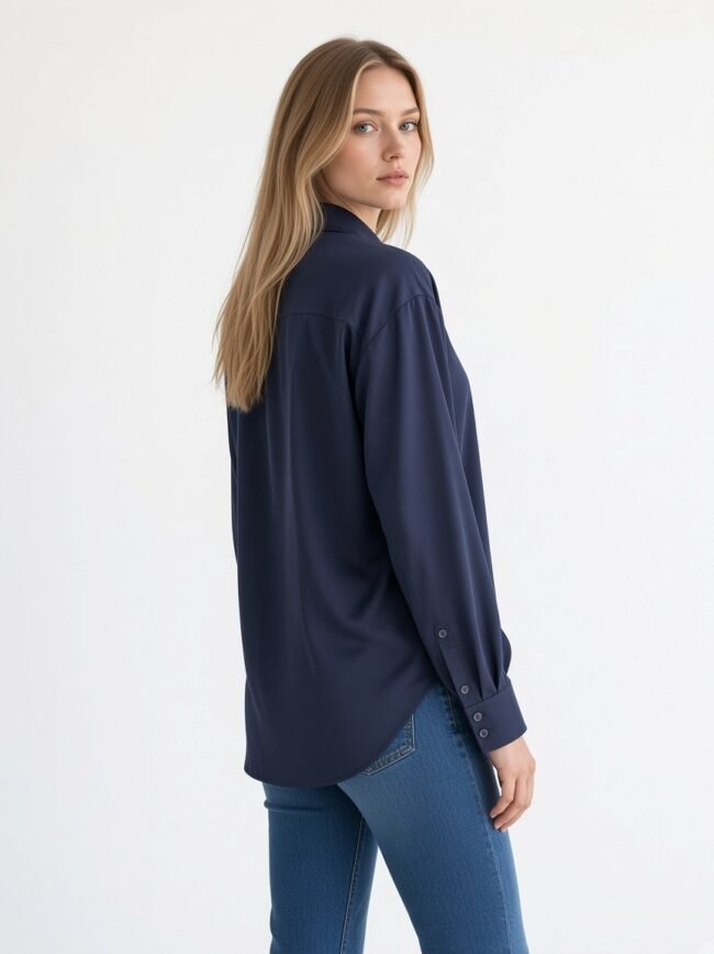 Γυναικείο Πουκάμισο Μπλε 4 Woman with long blonde hair wearing a navy button-up shirt and blue jeans, facing slightly away from the camera.