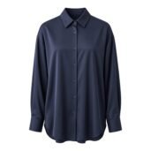 Navy blue button-down blouse with a pointed collar on a white background, front view.