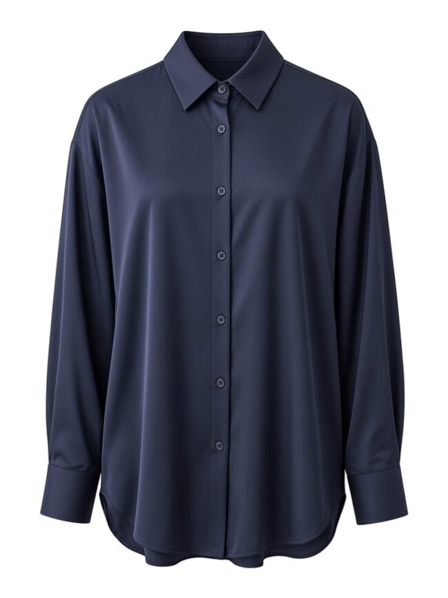 Γυναικείο Πουκάμισο Μπλε 5 Navy blue button-down blouse with a pointed collar on a white background, front view.