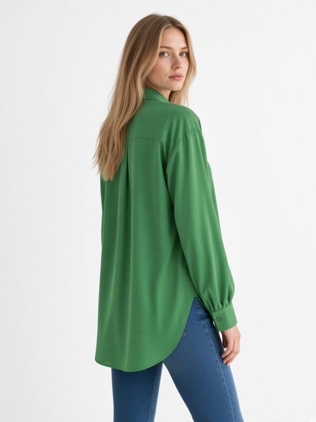 Back view of a woman wearing a green long-sleeve blouse with a curved hem, paired with blue jeans.
