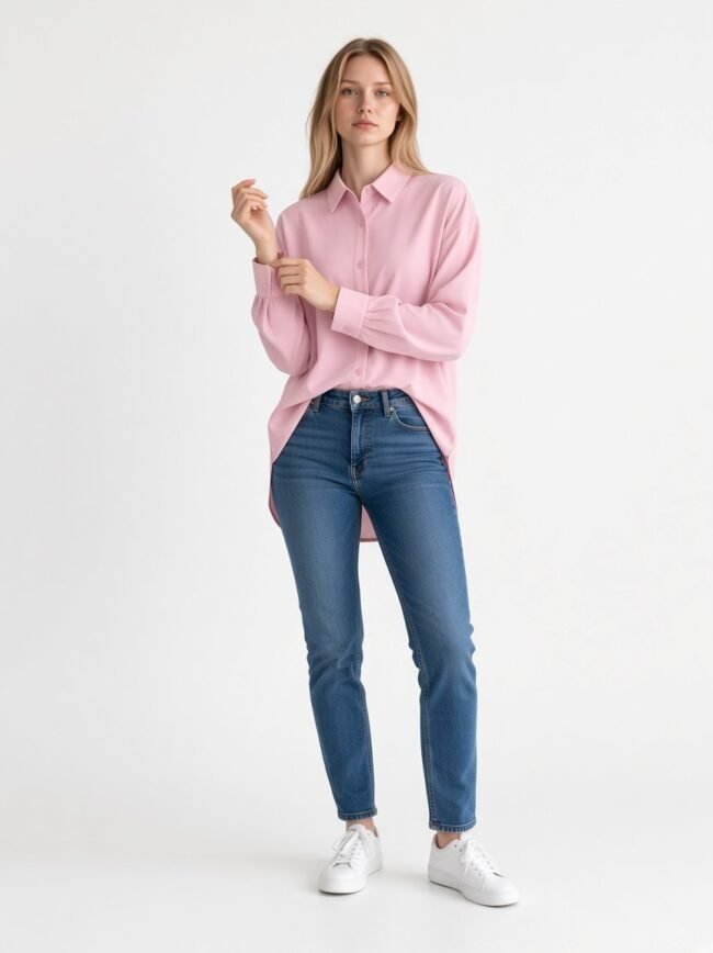 Woman wearing a pink oversized button-down shirt, blue jeans, and white sneakers, standing against a white backdrop.