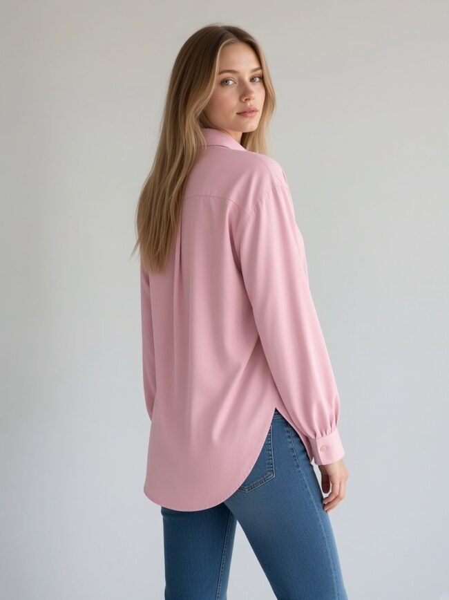Woman with long blonde hair wearing a pink button-down blouse and blue jeans, turned slightly away from the camera.
