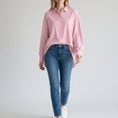 Woman wearing a pink oversized button-down shirt with blue jeans and white sneakers facing the camera against a light background, mid-walk.
