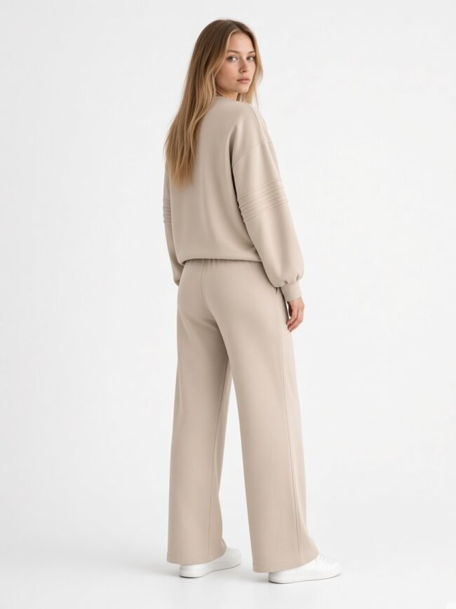 Woman in a light beige loungewear set, seen from behind with a slightly turned head, wearing a cropped sweatshirt and wide-leg pants with white sneakers.