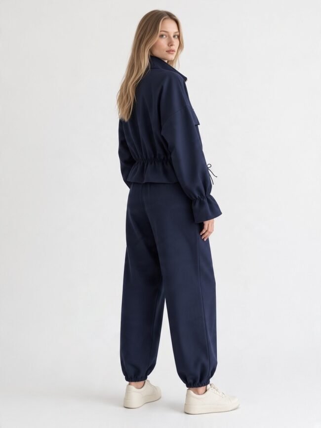 Woman wearing a navy cinched-waist jumpsuit with elastic cuffs, standing in profile in white sneakers.