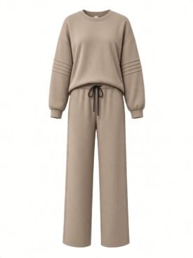 Beige relaxed-fit sweatshirt with ribbed sleeve details and matching wide-leg drawstring pants on a white background.