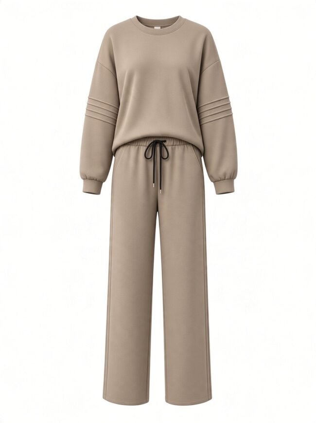Beige relaxed-fit sweatshirt with ribbed sleeve details and matching wide-leg drawstring pants on a white background.